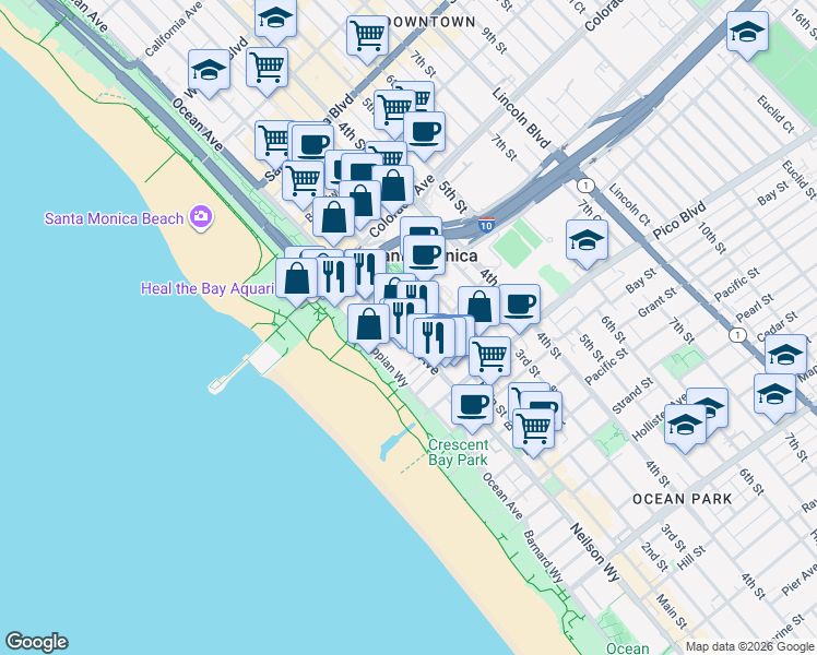 map of restaurants, bars, coffee shops, grocery stores, and more near 1725 Ocean Avenue in Santa Monica