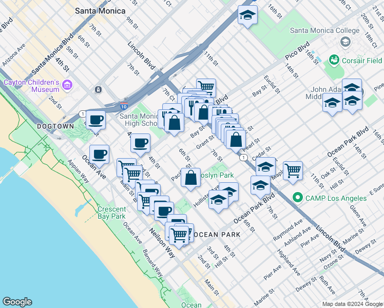 map of restaurants, bars, coffee shops, grocery stores, and more near 614 Grant Street in Santa Monica