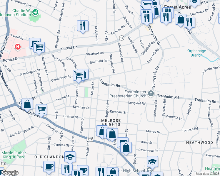 map of restaurants, bars, coffee shops, grocery stores, and more near 2900 Trenholm Road in Columbia