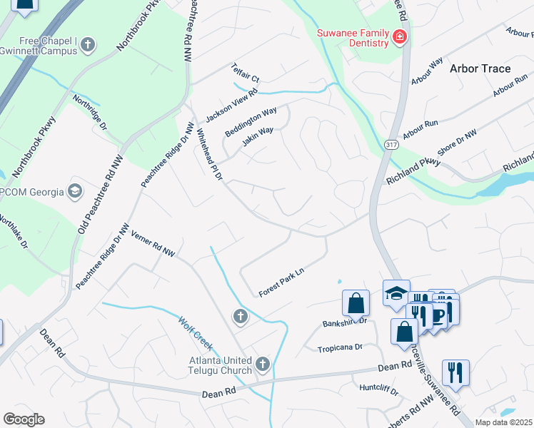 map of restaurants, bars, coffee shops, grocery stores, and more near 2445 Whitehead Place Drive in Suwanee
