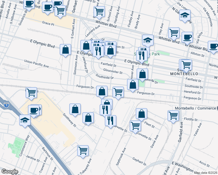 map of restaurants, bars, coffee shops, grocery stores, and more near 1513 Hendricks Avenue in East Los Angeles