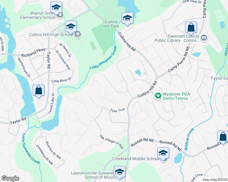 map of restaurants, bars, coffee shops, grocery stores, and more near 2048 Wildcat Cliffs Lane in Lawrenceville