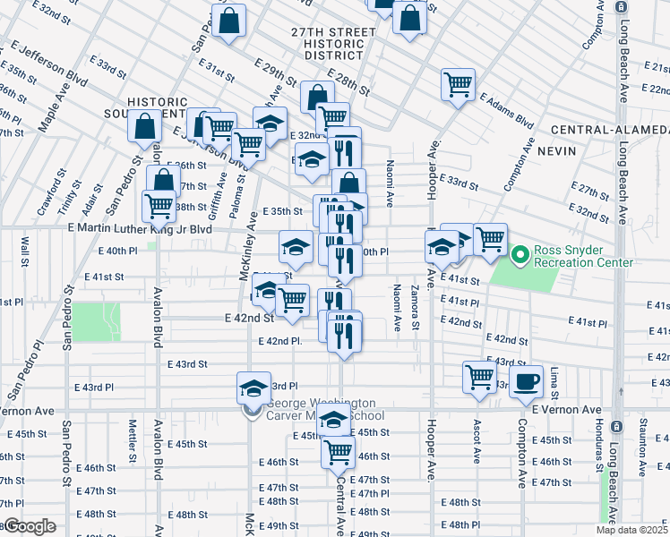 map of restaurants, bars, coffee shops, grocery stores, and more near 4067 South Central Avenue in Los Angeles