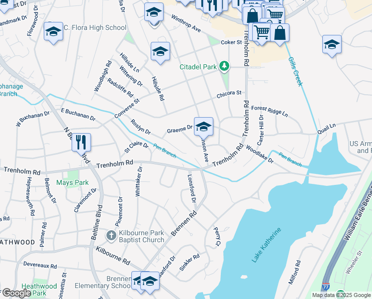 map of restaurants, bars, coffee shops, grocery stores, and more near 1605 Roslyn Drive in Columbia