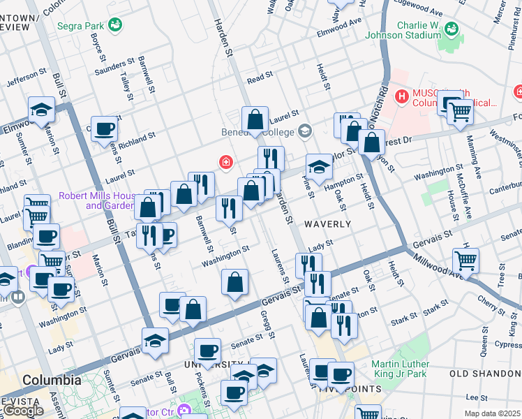 map of restaurants, bars, coffee shops, grocery stores, and more near 2001 Hampton Street in Columbia