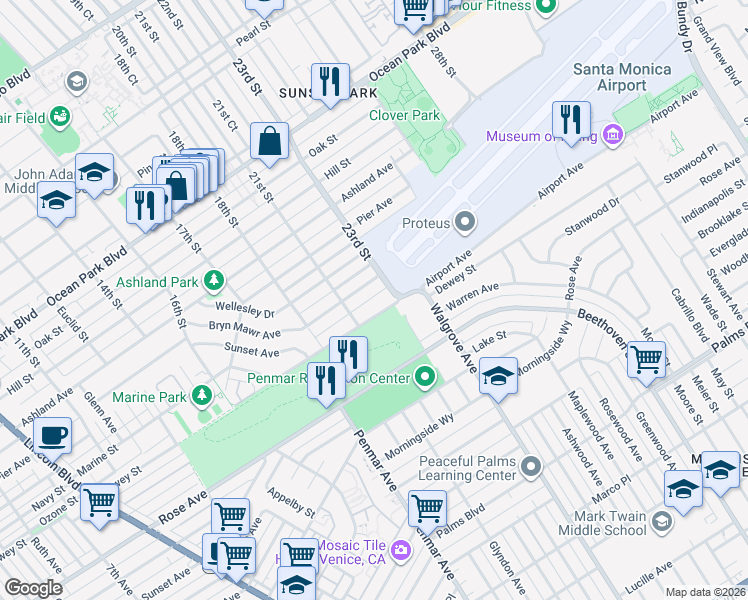 map of restaurants, bars, coffee shops, grocery stores, and more near 2201 Dewey Street in Santa Monica