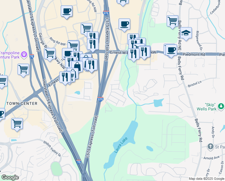 map of restaurants, bars, coffee shops, grocery stores, and more near 253 Cavendar Way in Marietta