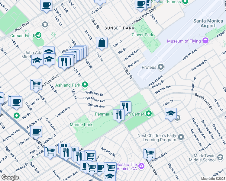 map of restaurants, bars, coffee shops, grocery stores, and more near 1818 Marine Street in Santa Monica