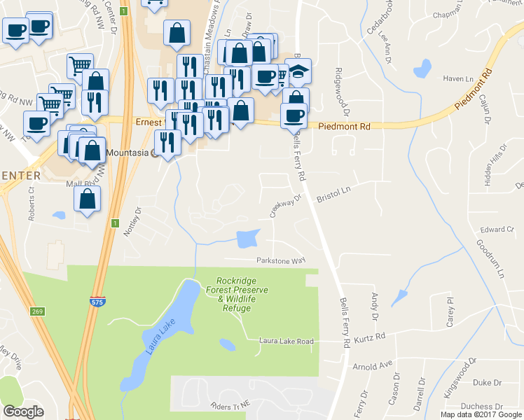 map of restaurants, bars, coffee shops, grocery stores, and more near 2452 Lake Brook Drive in Marietta