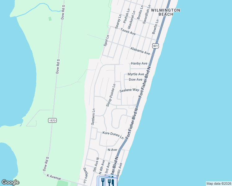 map of restaurants, bars, coffee shops, grocery stores, and more near 341 Sealane Way in Kure Beach