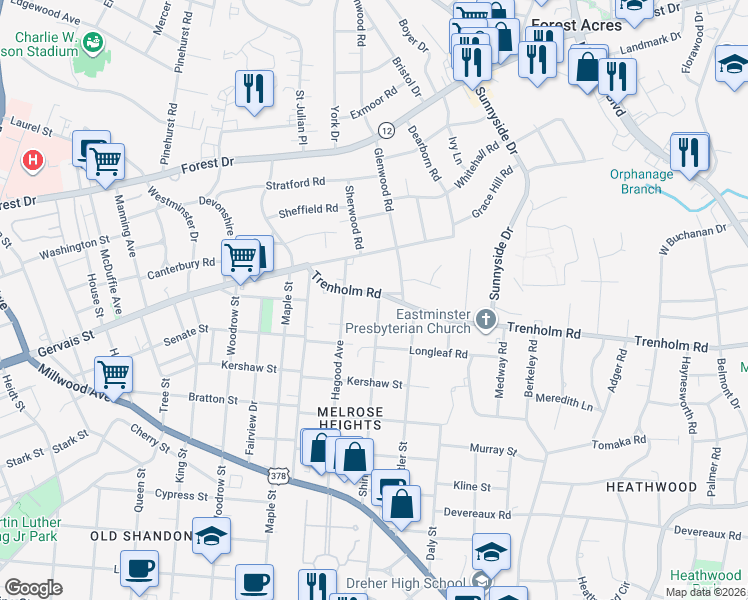 map of restaurants, bars, coffee shops, grocery stores, and more near 2935 Trenholm Road in Columbia
