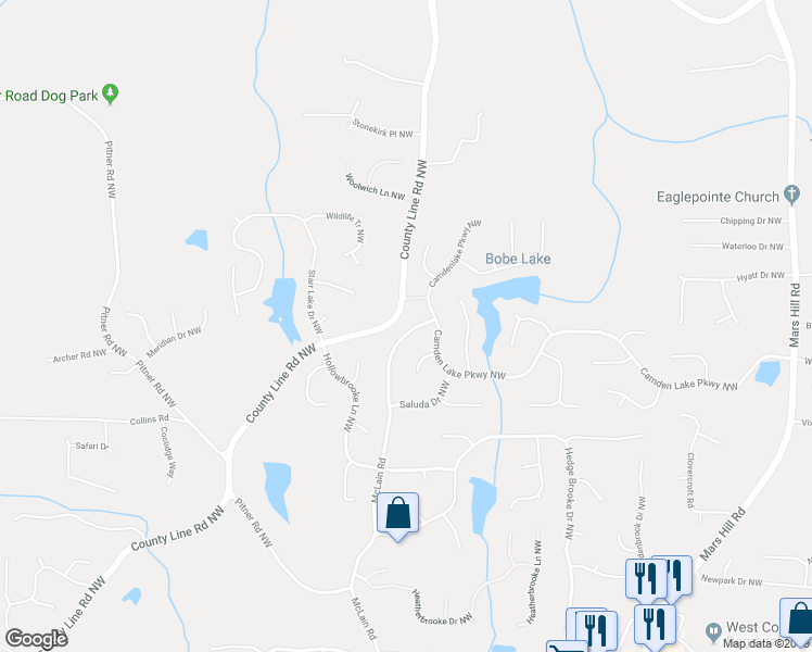 map of restaurants, bars, coffee shops, grocery stores, and more near 2049 McLain Road in Acworth