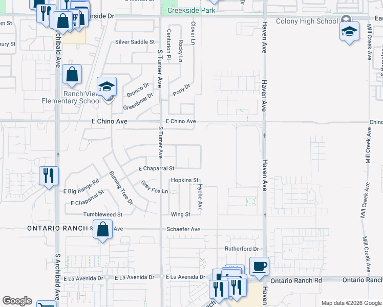 map of restaurants, bars, coffee shops, grocery stores, and more near 3529 Rocky Place in Ontario