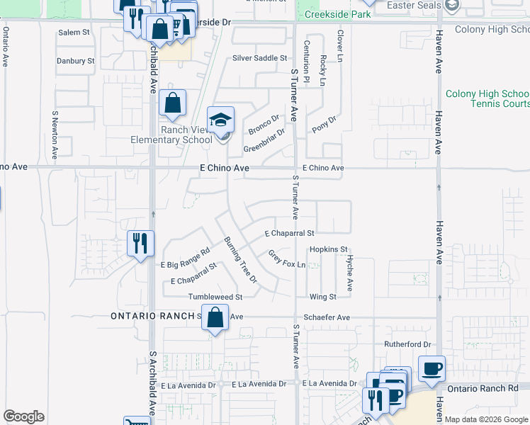map of restaurants, bars, coffee shops, grocery stores, and more near 2925 East Big Range Road in Ontario