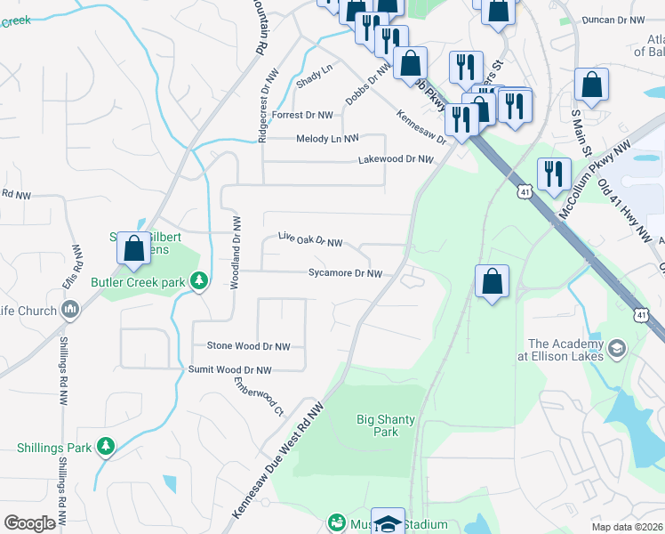 map of restaurants, bars, coffee shops, grocery stores, and more near 1201 Willow Court Northwest in Kennesaw