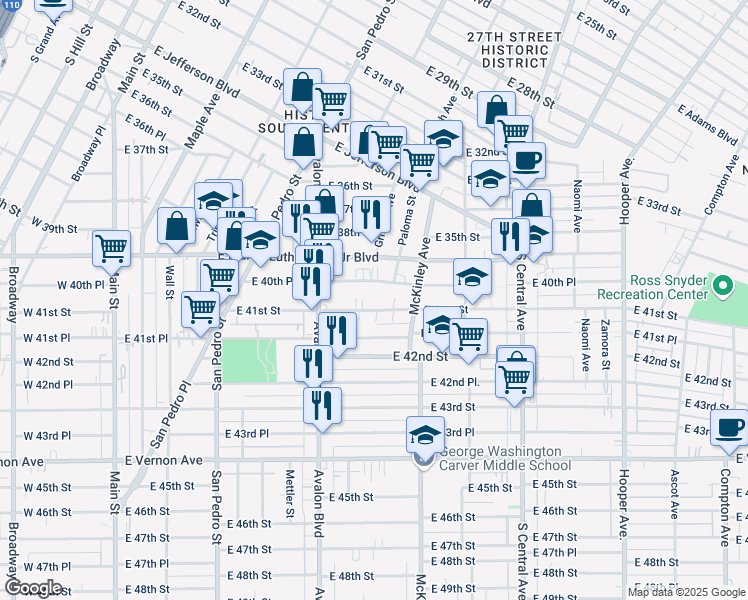 map of restaurants, bars, coffee shops, grocery stores, and more near 723 East 41st Street in Los Angeles