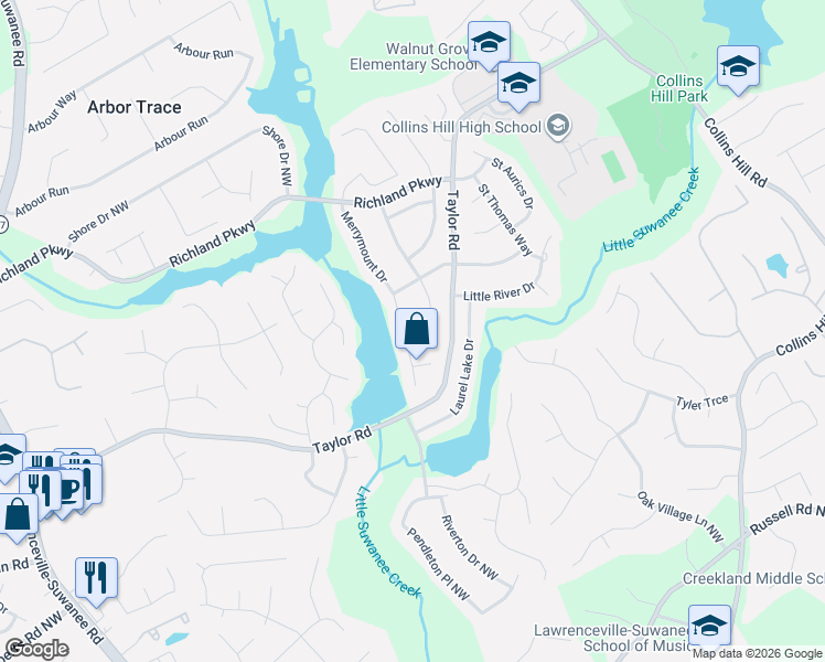 map of restaurants, bars, coffee shops, grocery stores, and more near 2197 Merrymount Drive in Suwanee