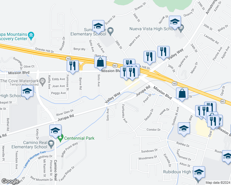 map of restaurants, bars, coffee shops, grocery stores, and more near 7081 Valley Way in Riverside