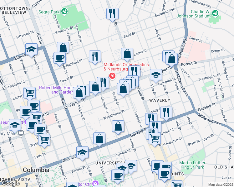 map of restaurants, bars, coffee shops, grocery stores, and more near 1510 Cherokee Street in Columbia