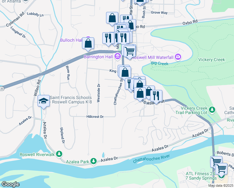 map of restaurants, bars, coffee shops, grocery stores, and more near Chattahoochee Street in Roswell
