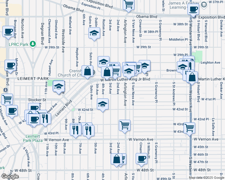 map of restaurants, bars, coffee shops, grocery stores, and more near 4138 3rd Avenue in Los Angeles