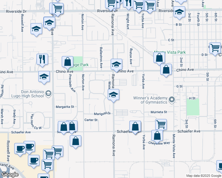 map of restaurants, bars, coffee shops, grocery stores, and more near 13415 Wisteria Place in Chino