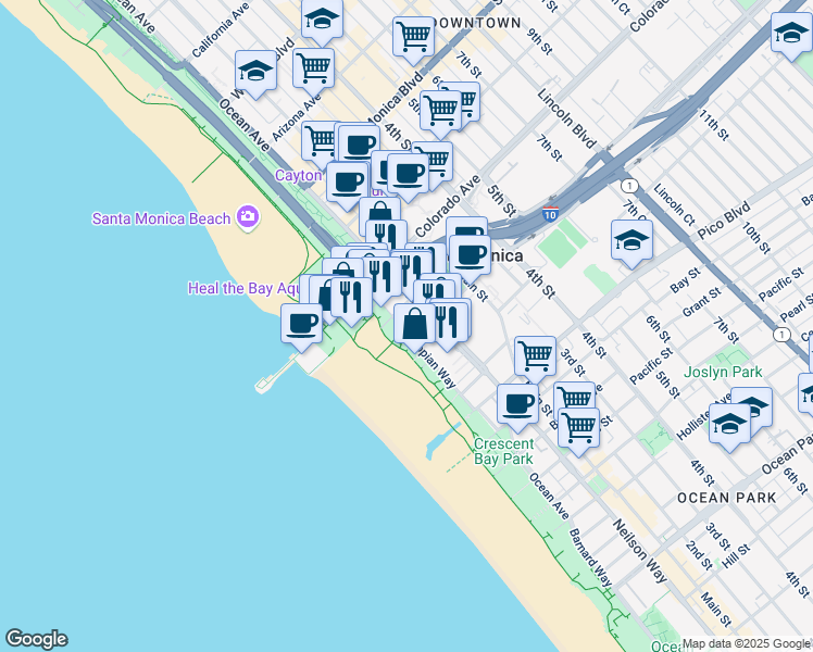 map of restaurants, bars, coffee shops, grocery stores, and more near 25 Arcadia Terrace in Santa Monica