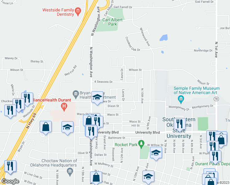 map of restaurants, bars, coffee shops, grocery stores, and more near 1717 Worley Drive in Durant