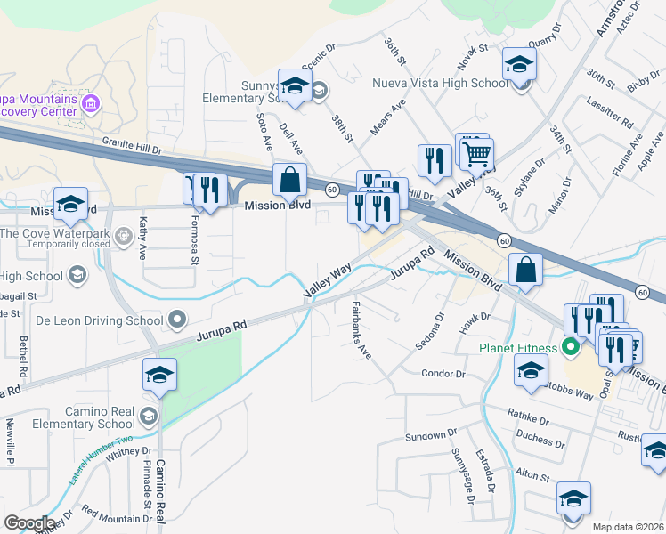 map of restaurants, bars, coffee shops, grocery stores, and more near 7081 Valley Way in Riverside