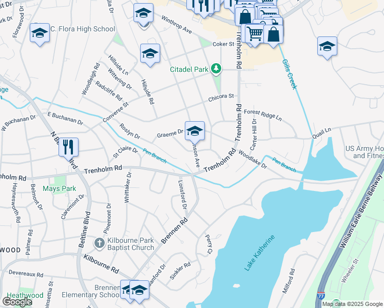 map of restaurants, bars, coffee shops, grocery stores, and more near 4531 Clemson Avenue in Columbia