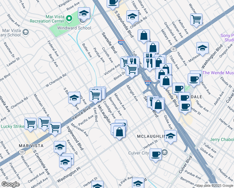 map of restaurants, bars, coffee shops, grocery stores, and more near 3816 Minerva Avenue in Los Angeles