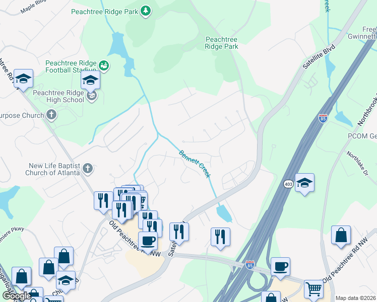 map of restaurants, bars, coffee shops, grocery stores, and more near 1505 Oglethorpe Run Lane in Suwanee