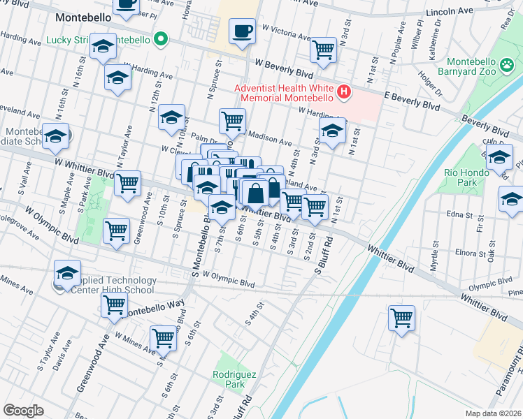 map of restaurants, bars, coffee shops, grocery stores, and more near 511 West Whittier Boulevard in Montebello
