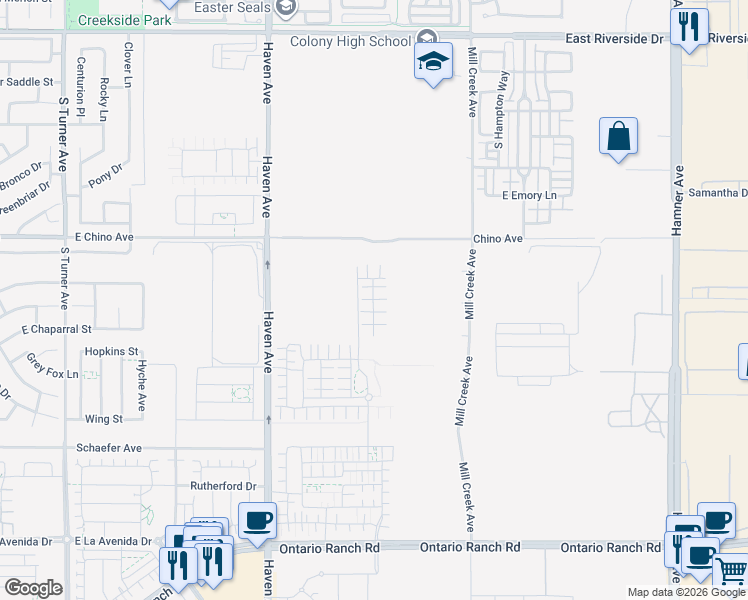 map of restaurants, bars, coffee shops, grocery stores, and more near 3581 South Eichler Paseo in Ontario