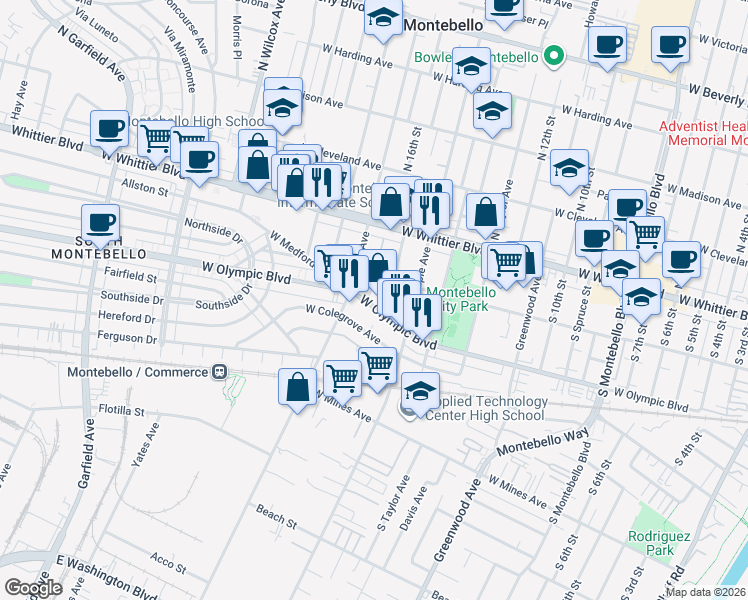 map of restaurants, bars, coffee shops, grocery stores, and more near 1536 West Olympic Boulevard in Montebello