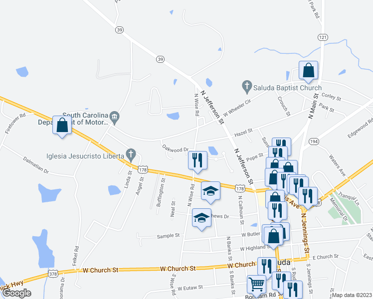 map of restaurants, bars, coffee shops, grocery stores, and more near 105 Oakwood Drive in Saluda