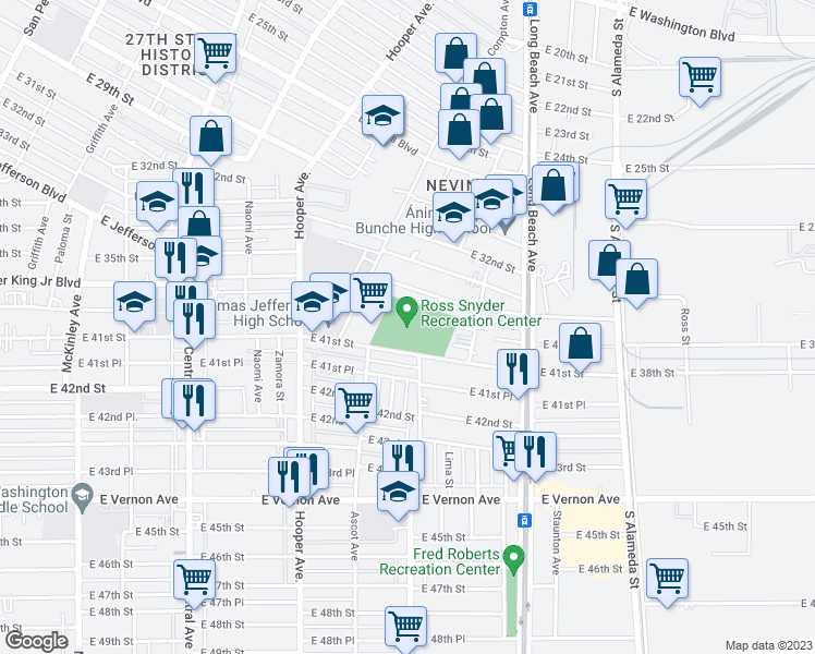 map of restaurants, bars, coffee shops, grocery stores, and more near 1501 East 41st Street in Los Angeles