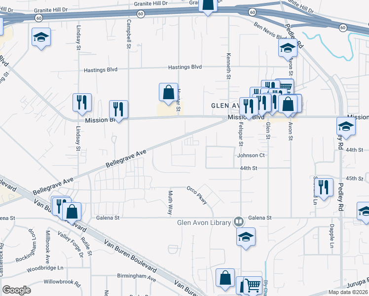 map of restaurants, bars, coffee shops, grocery stores, and more near 4338 Glenroy Court in Riverside