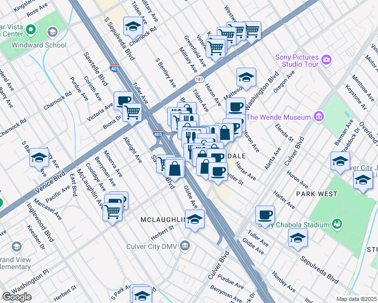 map of restaurants, bars, coffee shops, grocery stores, and more near 3964 Sepulveda Boulevard in Culver City