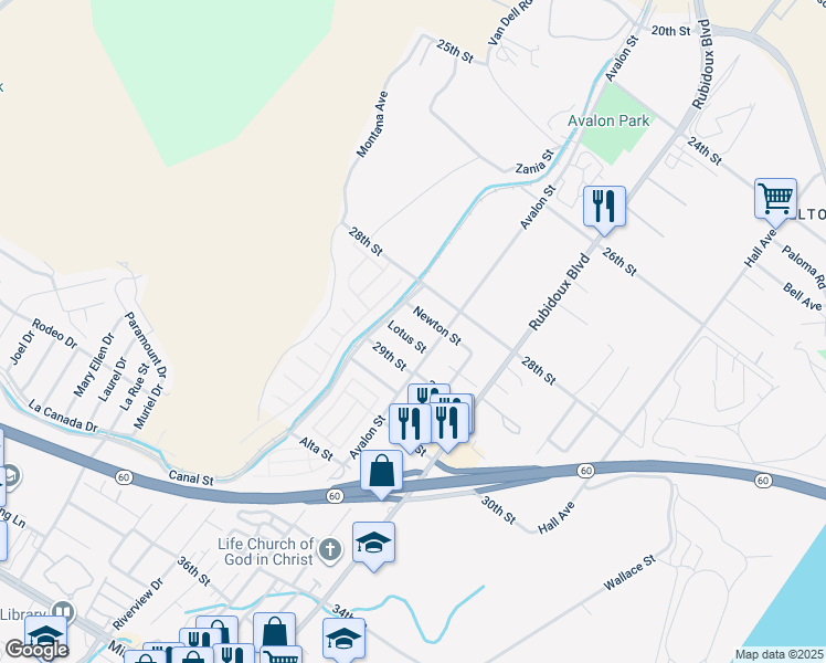 map of restaurants, bars, coffee shops, grocery stores, and more near 5747 Lotus Street in Riverside