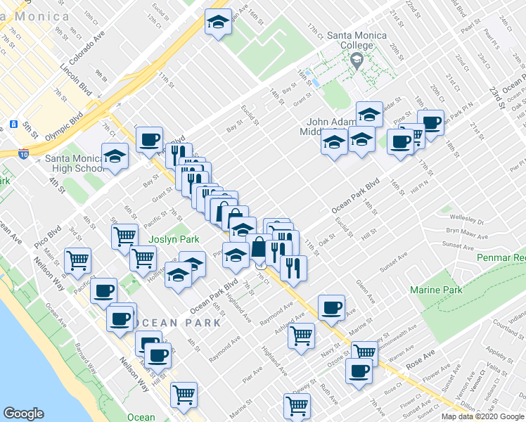 map of restaurants, bars, coffee shops, grocery stores, and more near 1021 Pine Street in Santa Monica