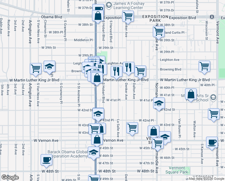 map of restaurants, bars, coffee shops, grocery stores, and more near 40371/2 South Harvard Boulevard in Los Angeles