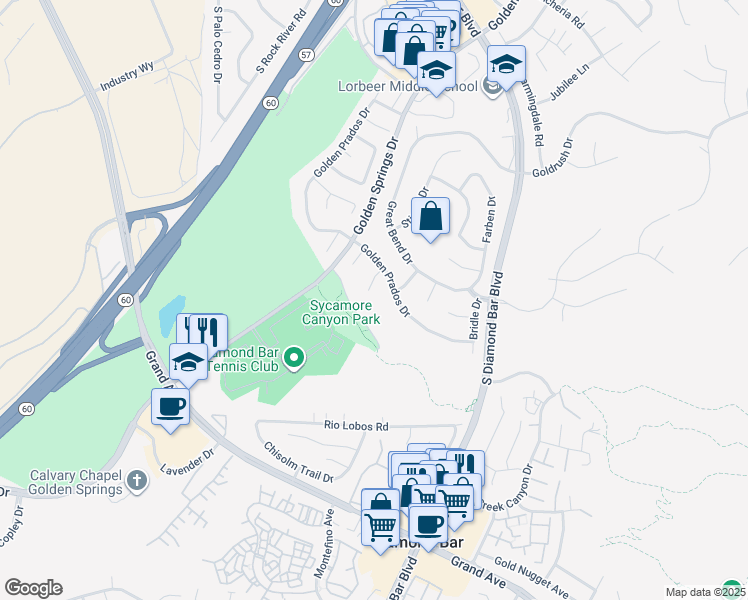 map of restaurants, bars, coffee shops, grocery stores, and more near 634 Mount Street in Diamond Bar