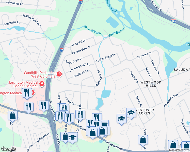 map of restaurants, bars, coffee shops, grocery stores, and more near 1512 Goldfinch Lane in West Columbia