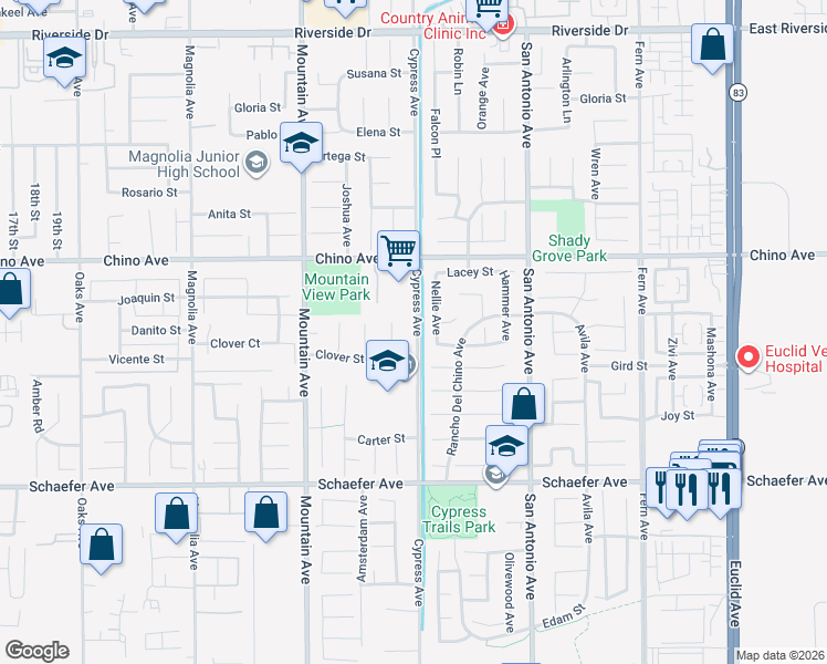 map of restaurants, bars, coffee shops, grocery stores, and more near 13425 Cypress Avenue in Chino