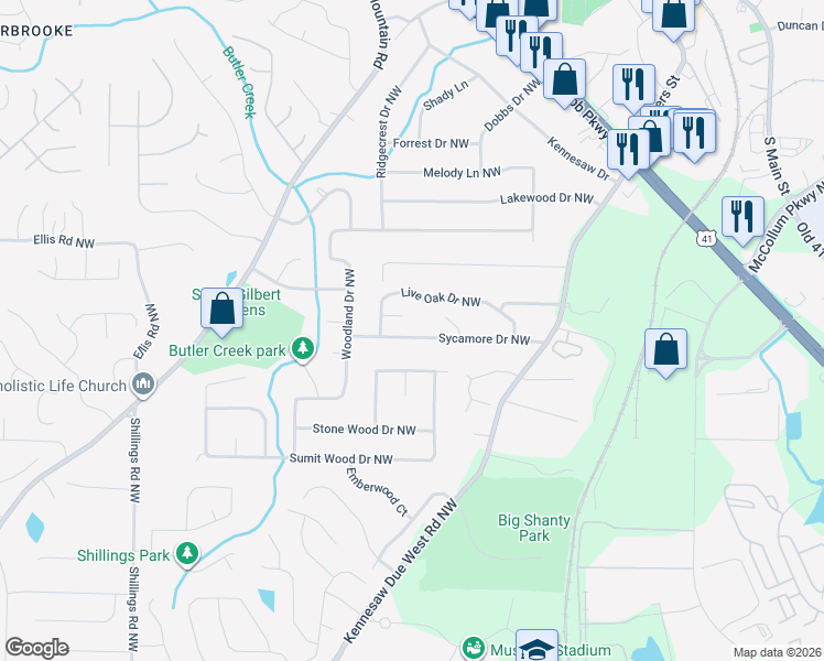 map of restaurants, bars, coffee shops, grocery stores, and more near 1413 Sycamore Drive Northwest in Kennesaw