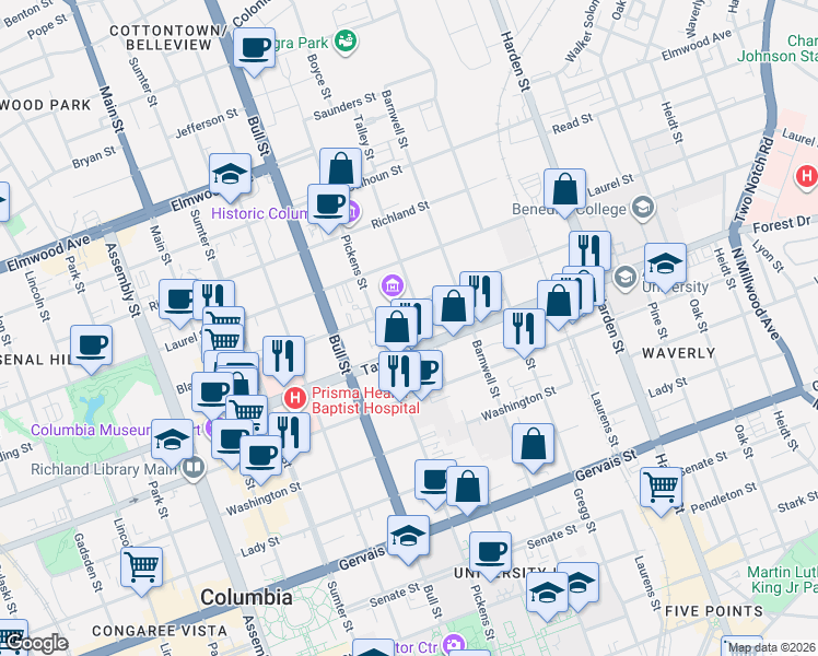 map of restaurants, bars, coffee shops, grocery stores, and more near 1616 Blanding Street in Columbia