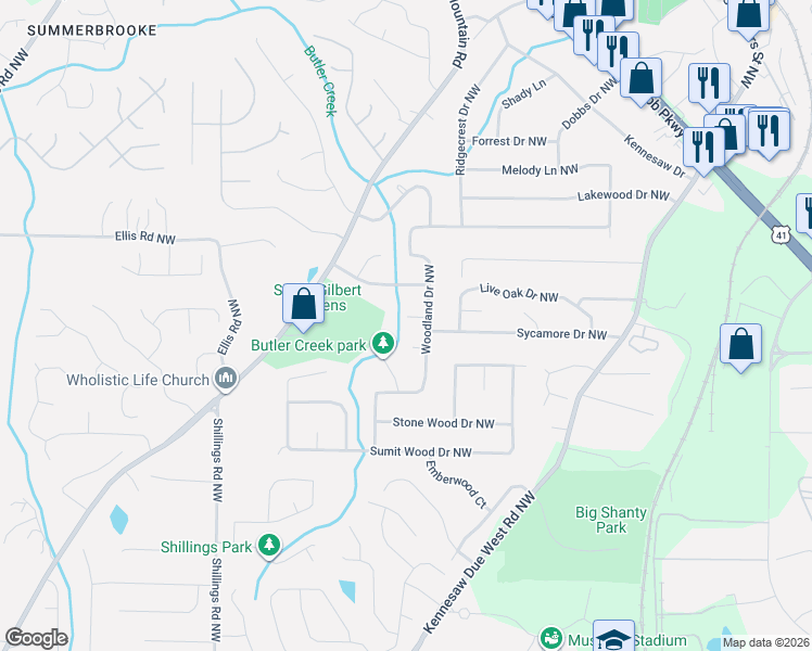 map of restaurants, bars, coffee shops, grocery stores, and more near 6000 White Oak Court Northwest in Kennesaw
