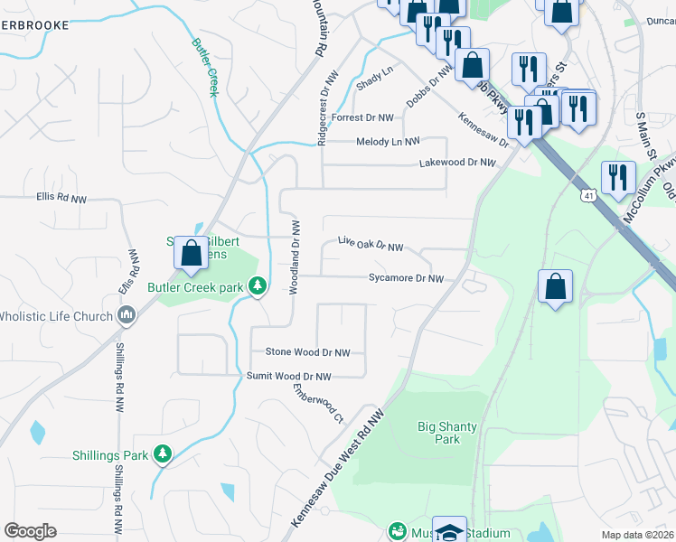 map of restaurants, bars, coffee shops, grocery stores, and more near 1413 Sycamore Drive Northwest in Kennesaw