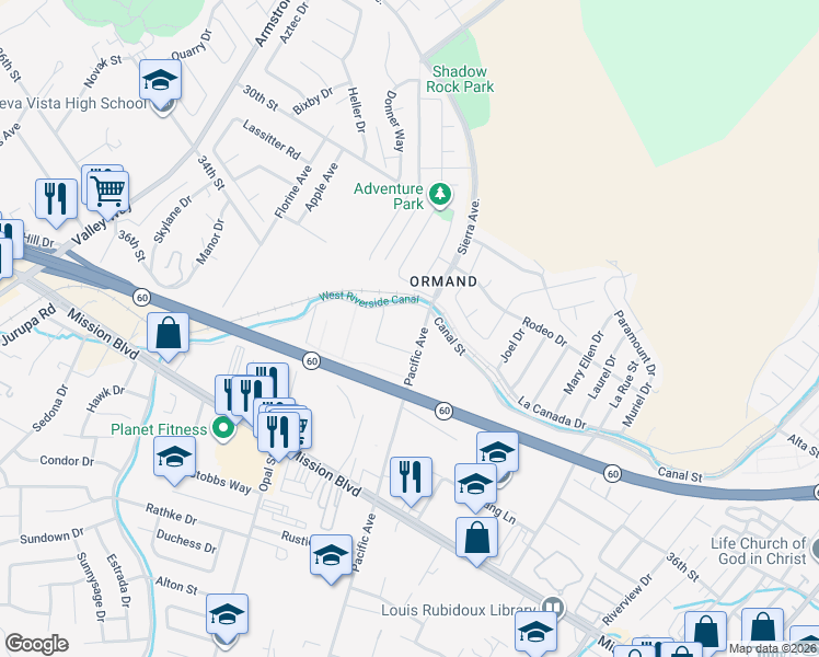 map of restaurants, bars, coffee shops, grocery stores, and more near 3485 Pacific Ave in Riverside